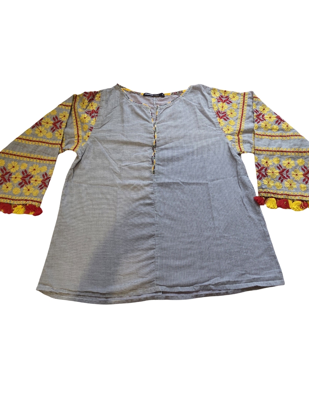 Women's Gray Striped Blouse with Yellow & Red Embroidered Sleeves